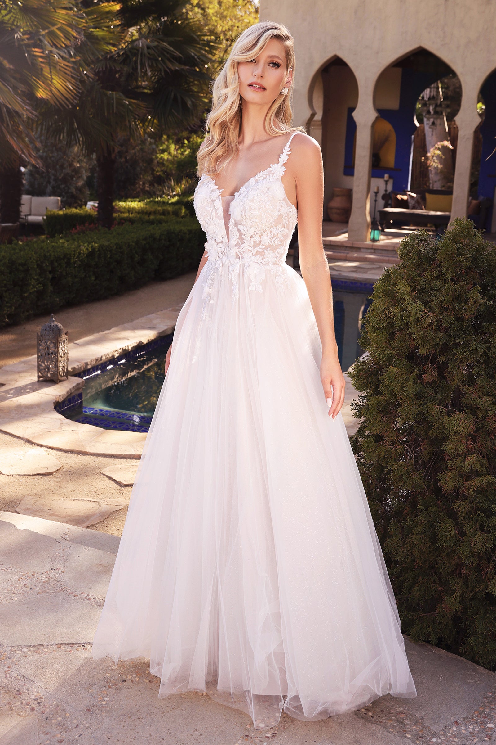 Floral Glitter Lace Bodice A-Line Gown by Cinderella Divine - CB072W main image 1