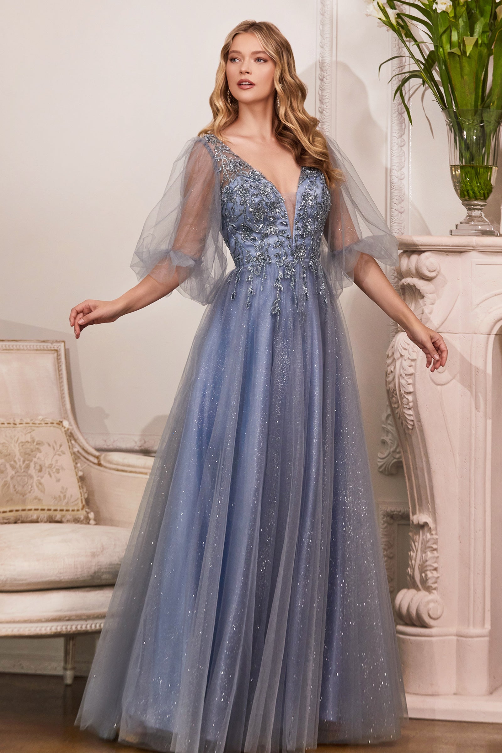 cinderella divine dresses CD0182 Puff Sleeve Glitter Tulle A-Line Gown – The Gown Galleria 17 Burgundy French Manicure WebColor_Brown length silhouette Size-US:4