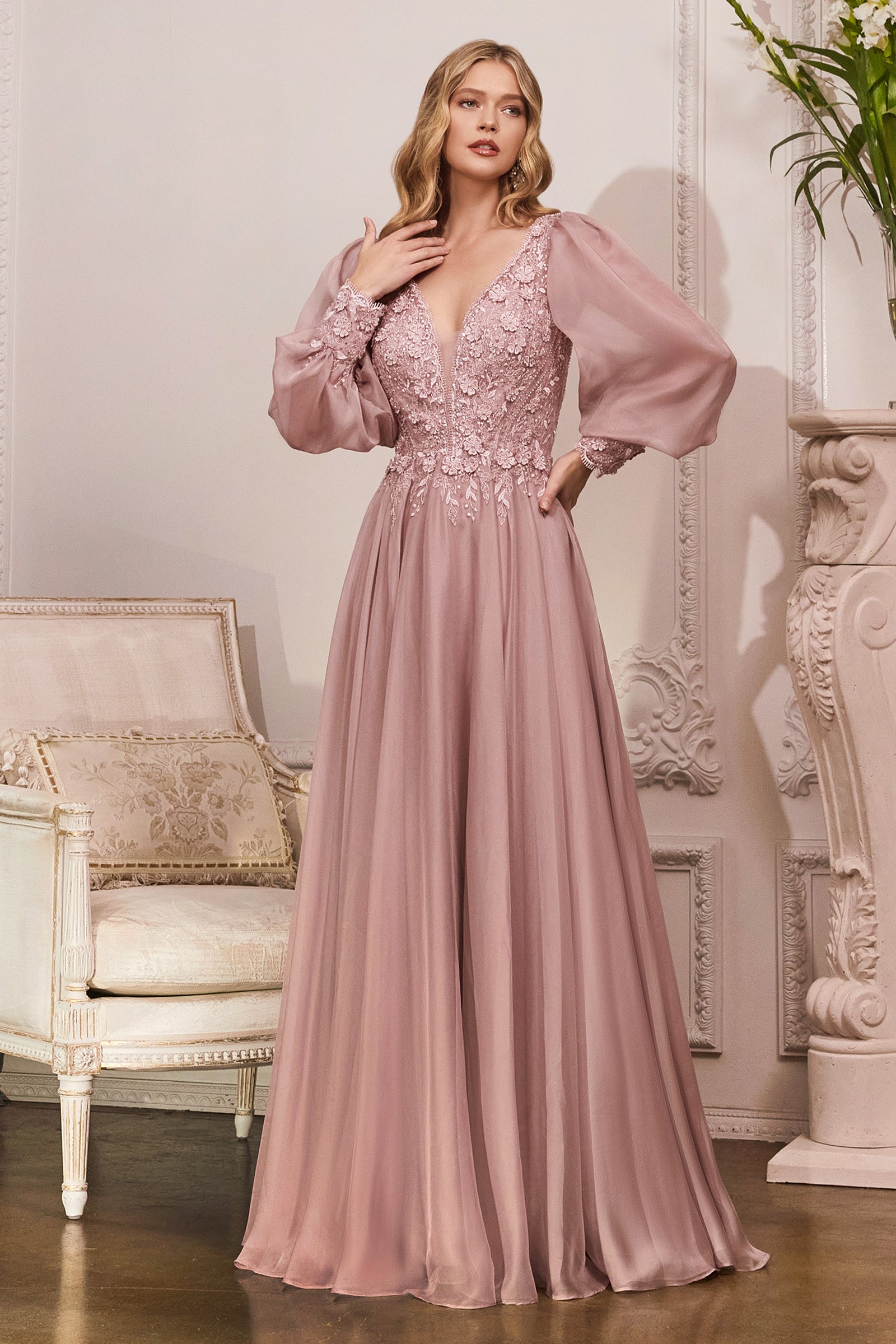 knee length dresses for ladies CINDERELLA DIVINE CD0183 Bishop Sleeve Chiffon Gown