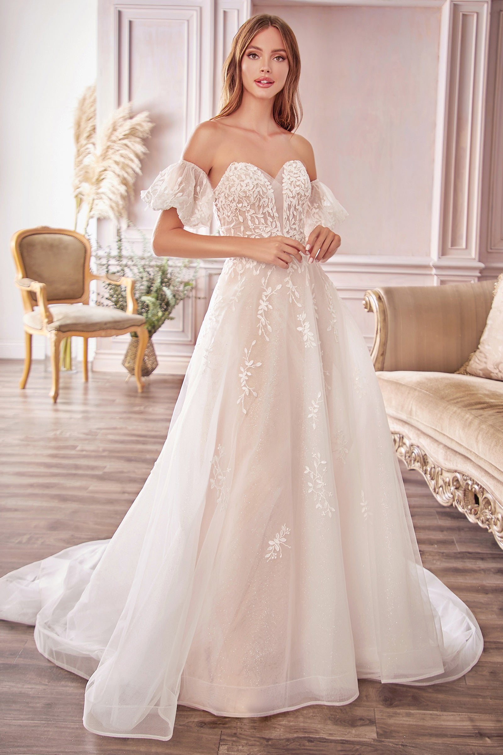 Cinderella Divine - Off the Shoulder Crepe White Fitted Bridal Gown KV1057W
