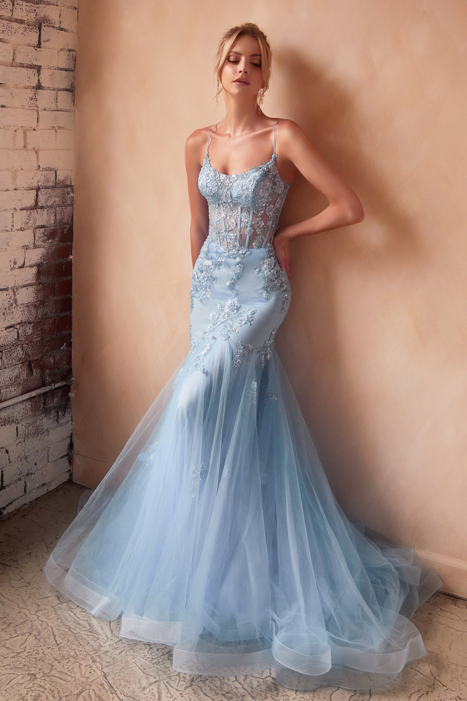 CINDERELLA DIVINE D145 Floral Sheer Mermaid Gown with Corset CINDERELLA DIVINE D145 Floral Sheer Mermaid Gown with Corset