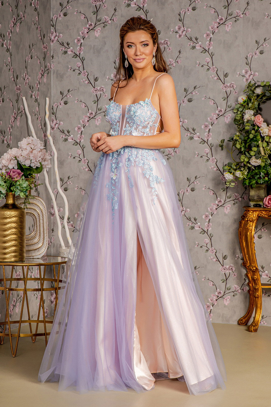 butterfly prom dress GLS BY GLORIA GL3252 Open Back 3-D Gown SMOKY BLUE/PEACH / L Long Beaded Glitter Mesh SIZE:XS cup C Look sultry from all light academia