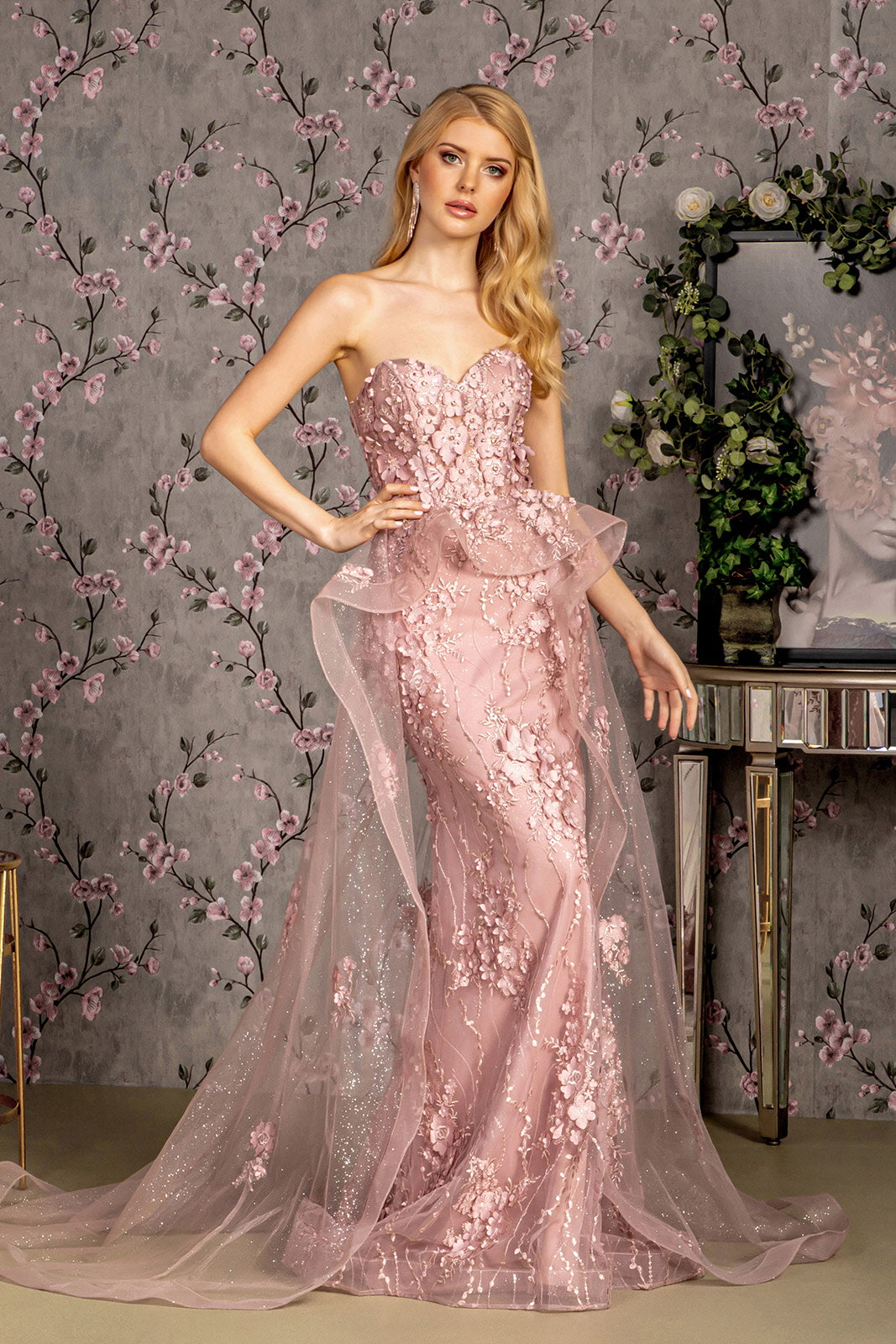 Fitted 3D Floral Strapless Overskirt Gown by GLS Gloria GL3257 - Mauve / 3XL Fitted 3D Floral Strapless Overskirt Gown by GLS Gloria GL3257 - Mauve / 3XL