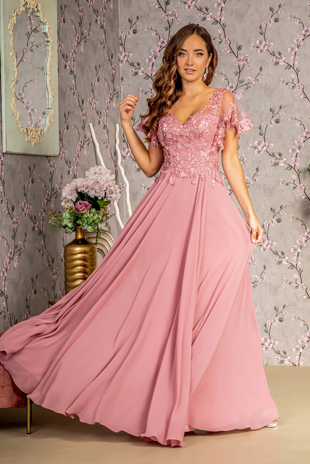GLS by Gloria GL3352 - V-Neck Floral Formal Dress M / D/Rose - Shop GLS by Gloria Dresses On Couture Candy at CoutureCandy.com