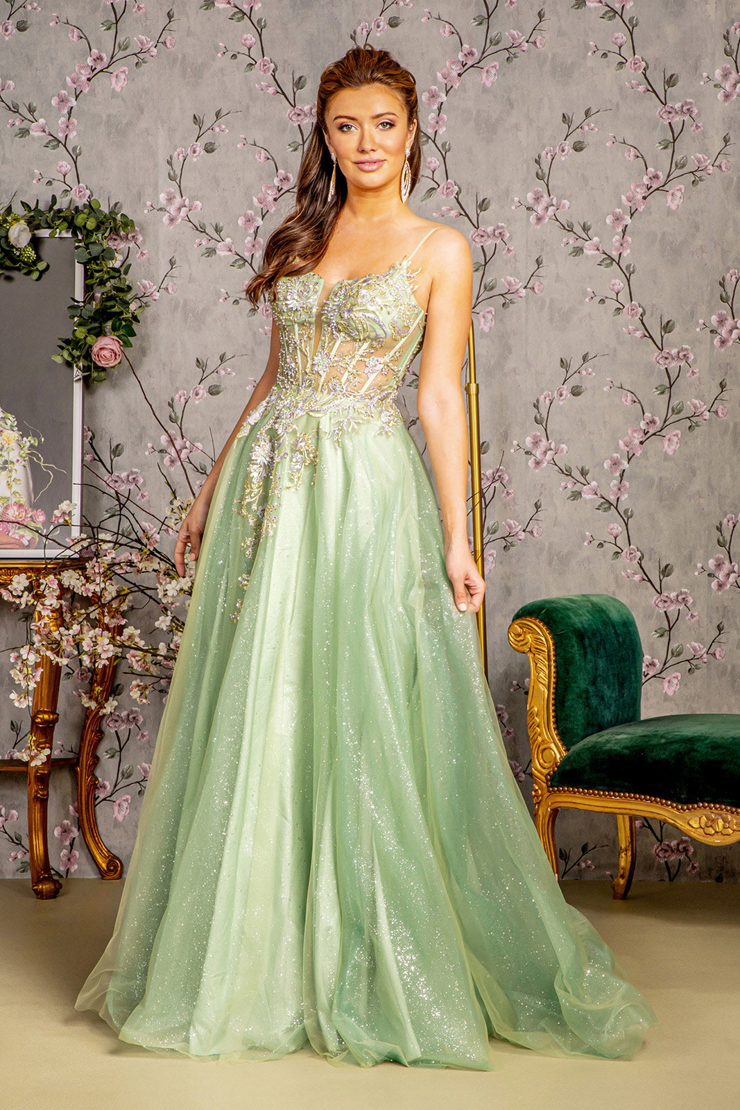 GLS BY GLORIA GL3377 Lace Applique Sleeveless Prom Gown SAGE / 2XL