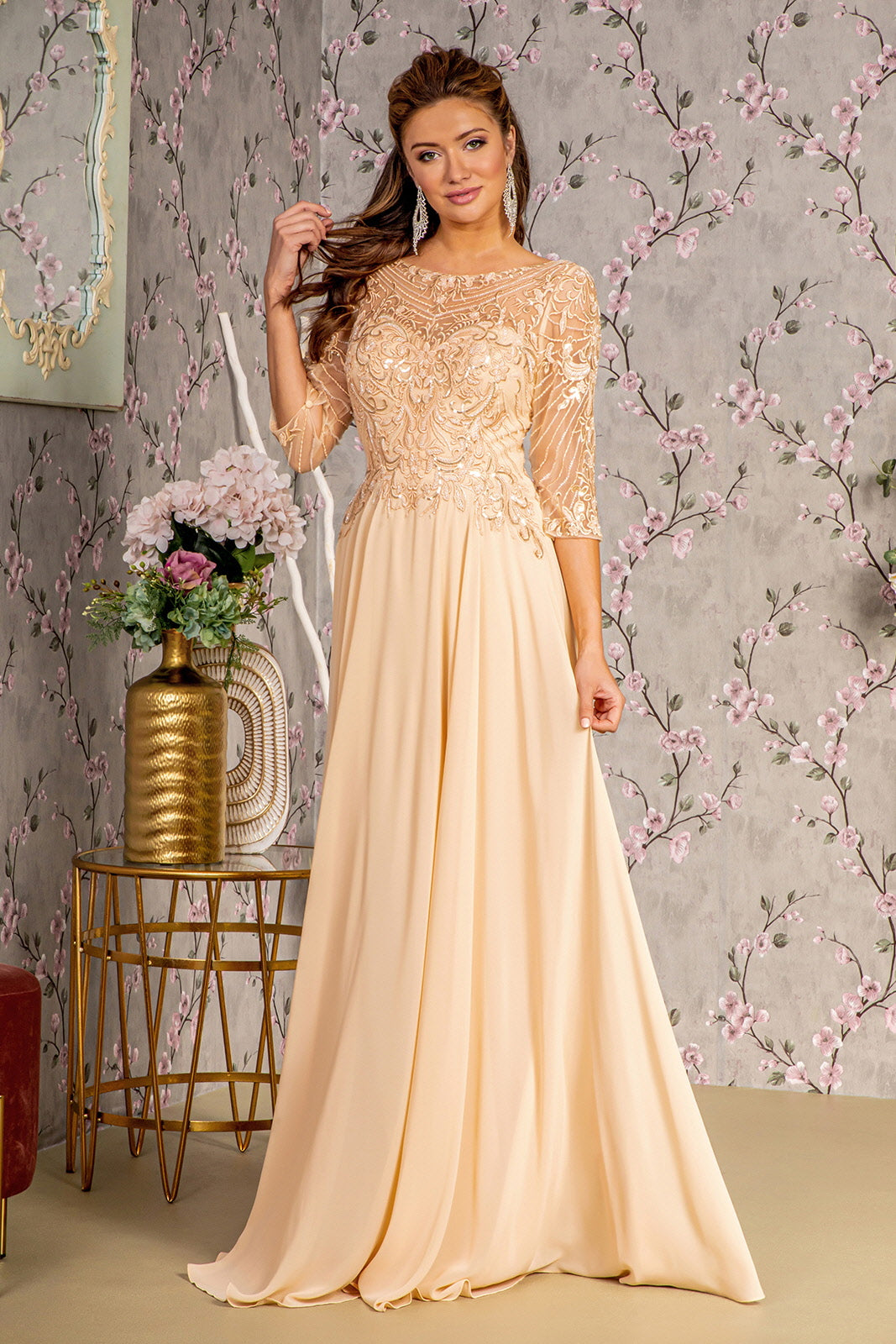 green emerald velvet dress GLS by Gloria GL3446 Prom Dress - Champagne