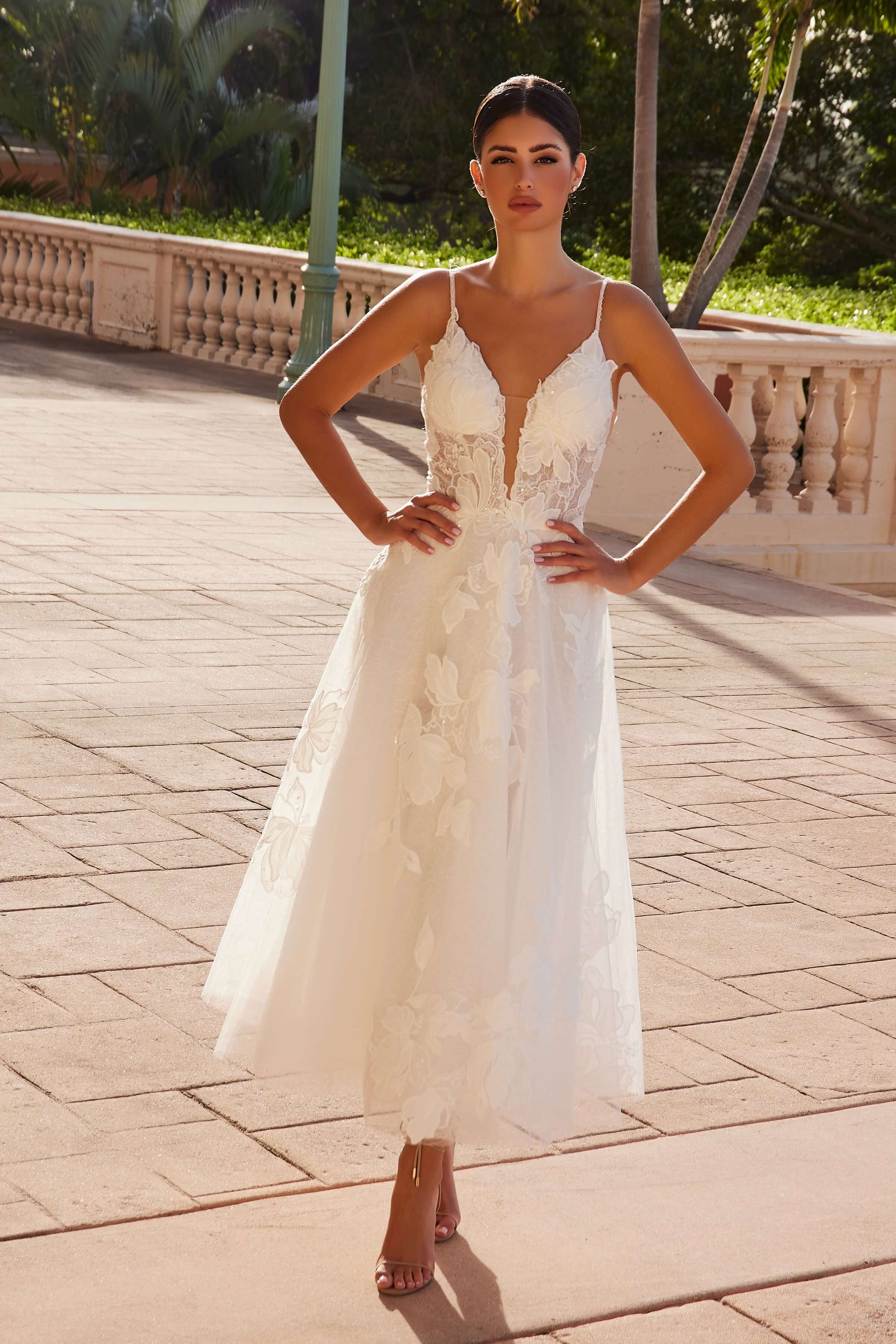 tea length lace wedding dresses NOX ANABEL JE1027 Tea-Length Embellished Bodice Dress White / 6 lsu tiger Whistles Avery Smocked Dress Its elegant and sophisticated Size:wholesale_3XL