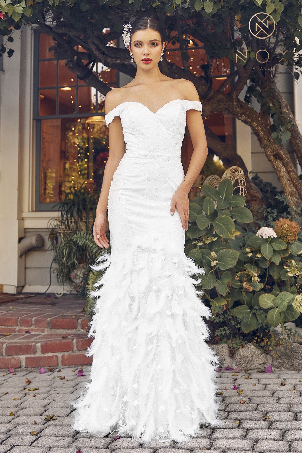 NOX ANABEL C1106W Beaded Off-Shoulder Feather Fitted Wedding Dress