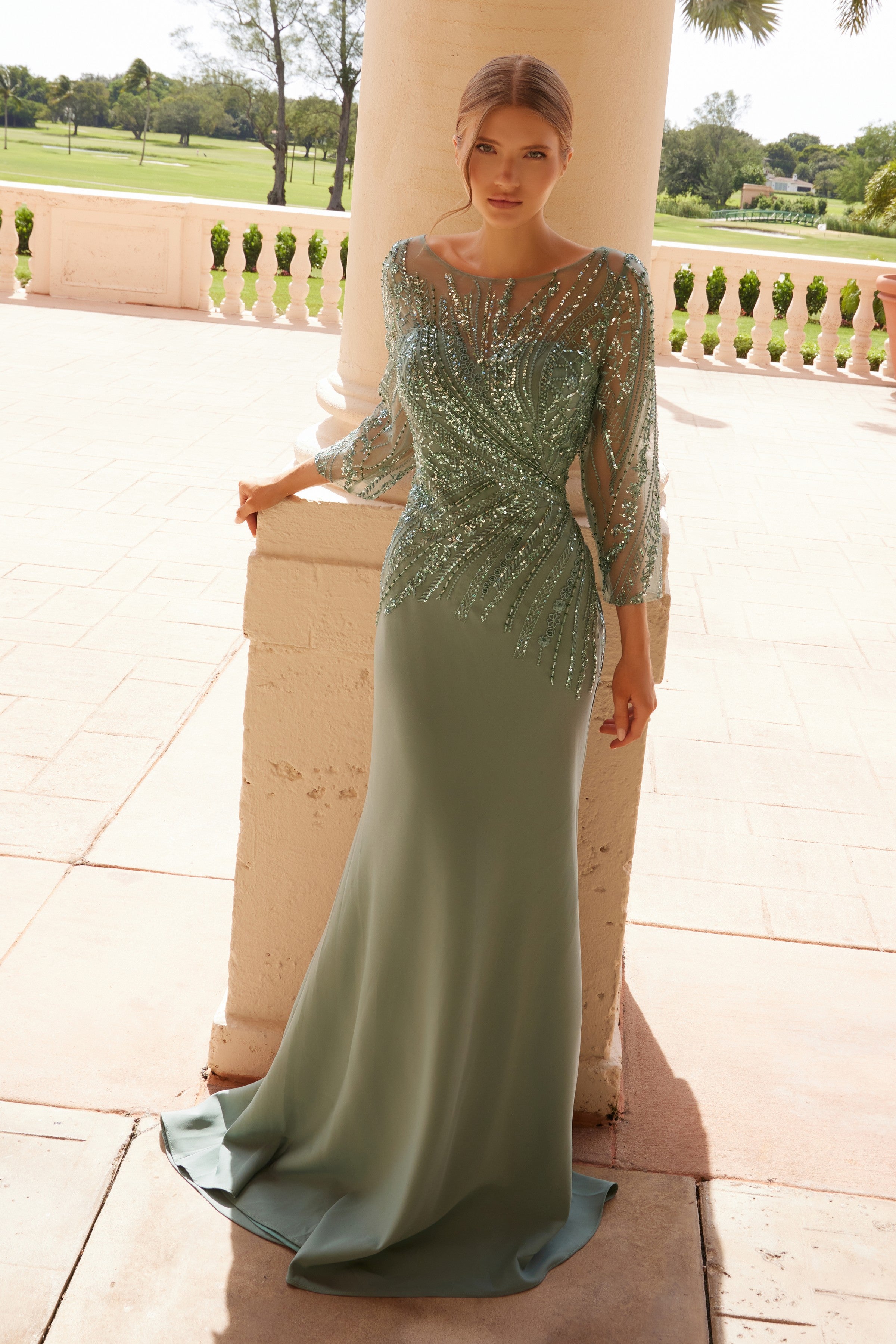 Nox Anabel MH137 Long Sleeve Mother of the Bride Dress with Elegant Beaded 3/4 Sleeves Green / 16W Nox Anabel MH137 Long Sleeve Mother of the Bride Dress with Elegant Beaded 3/4 Sleeves Green / 16W