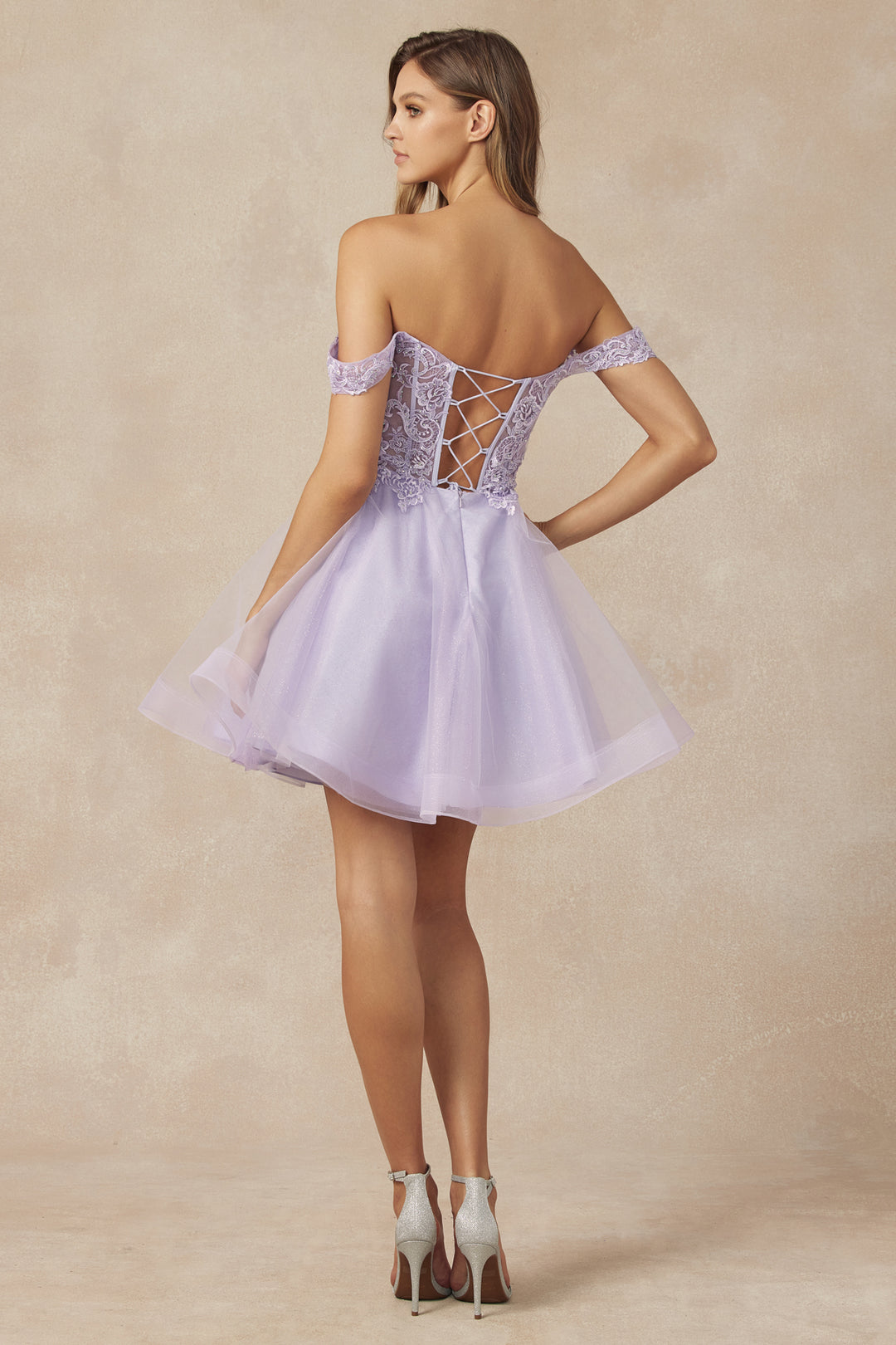 JULIET 880 Glitter Tulle A-Line with Cold-Shoulder Homecoming Dress The Gown Galleria JULIET 880 Glitter Tulle A-Line with Cold-Shoulder Homecoming Dress The Gown Galleria