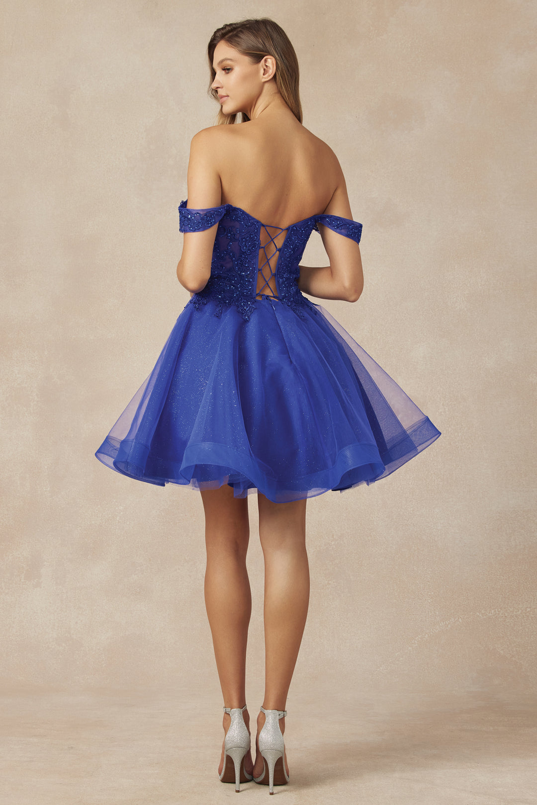 JULIET 880 Glitter Tulle A-Line with Cold-Shoulder Homecoming Dress The Gown Galleria JULIET 880 Glitter Tulle A-Line with Cold-Shoulder Homecoming Dress The Gown Galleria