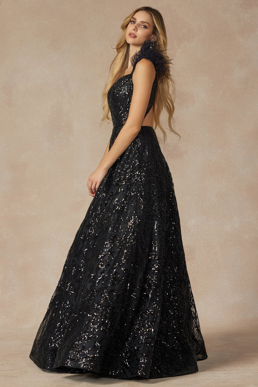 Juliet 273 Long Sequin Gown with V-neck and Slit