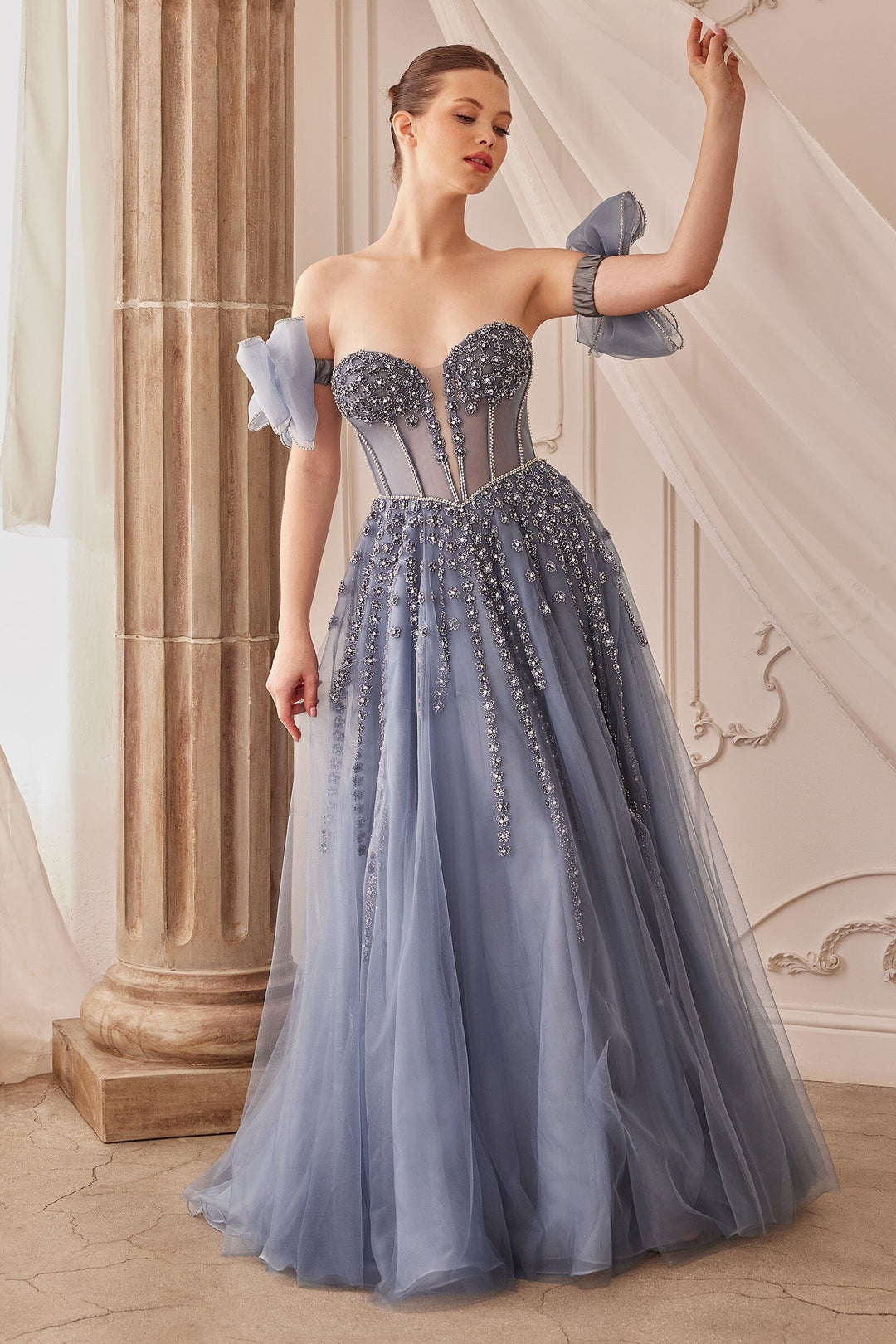 ANDREA & LEO A1338 Strapless Beaded Gown With Bow Sleeve Accessories ANDREA & LEO A1338 Strapless Beaded Gown With Bow Sleeve Accessories