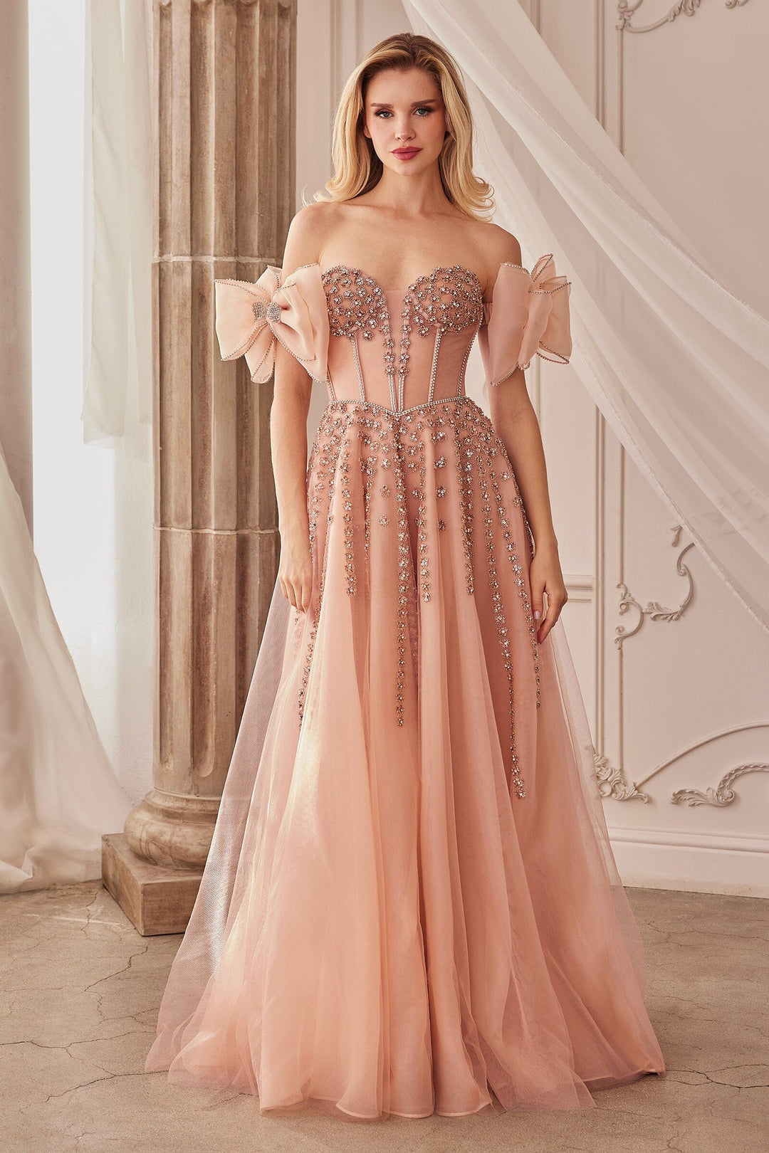 ANDREA & LEO A1338 Strapless Beaded Gown With Bow Sleeve Accessories The Gown Galleria ANDREA & LEO A1338 Strapless Beaded Gown With Bow Sleeve Accessories The Gown Galleria