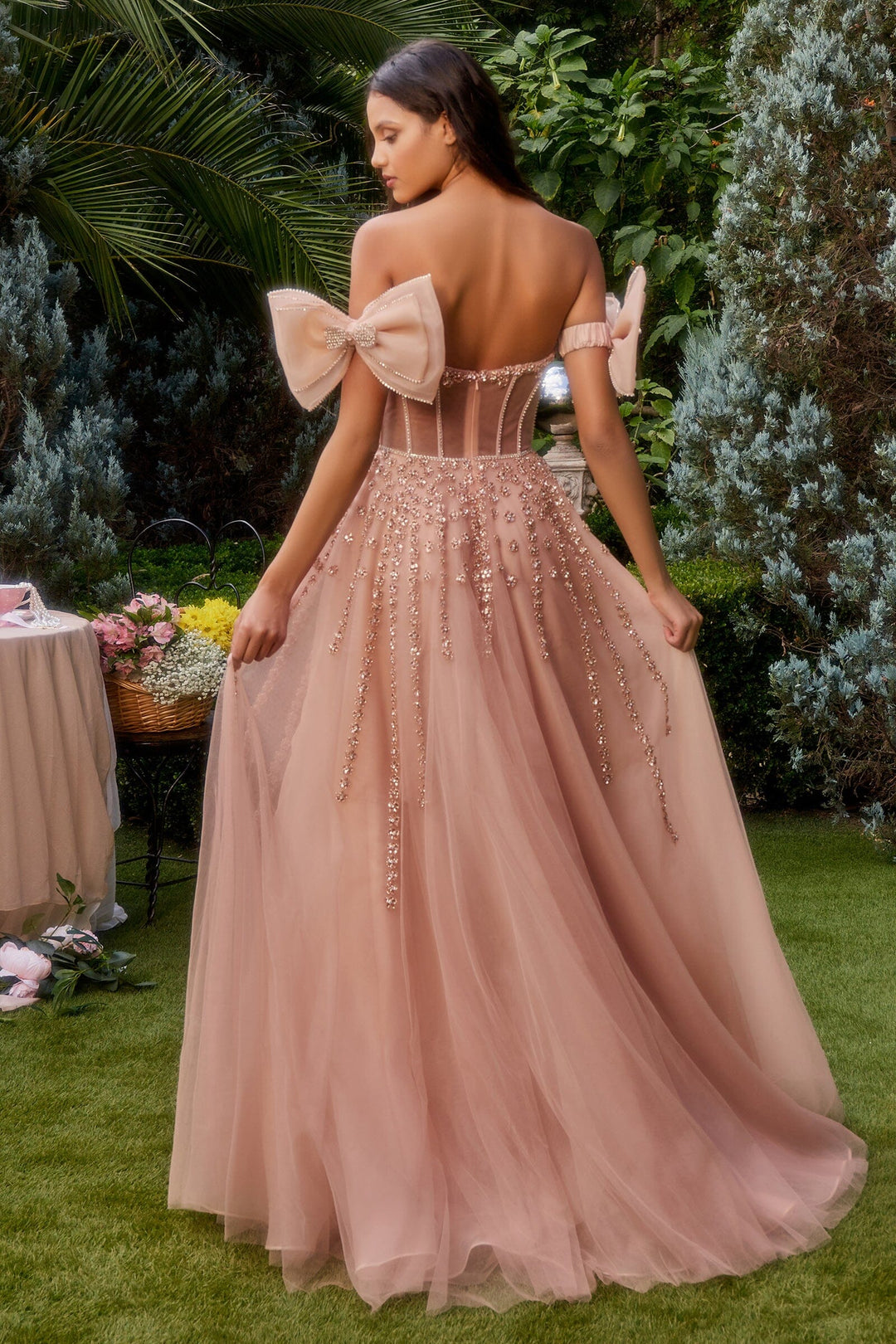 ANDREA & LEO A1338 Strapless Beaded Gown With Bow Sleeve Accessories ANDREA & LEO A1338 Strapless Beaded Gown With Bow Sleeve Accessories