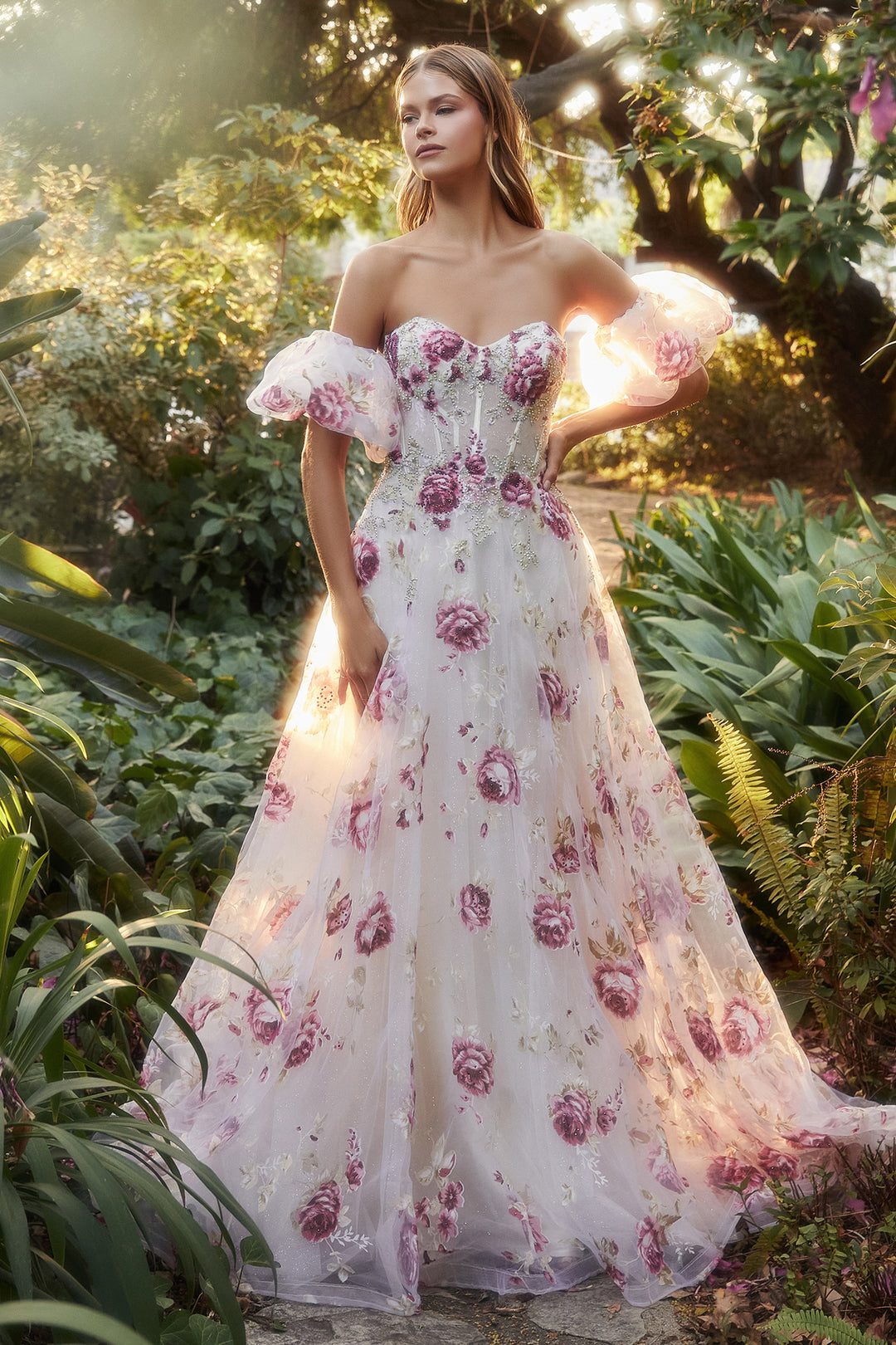 ANDREA & LEO A1133 Floral Print Bodice Ball Gown Dress ANDREA & LEO A1133 Floral Print Bodice Ball Gown Dress