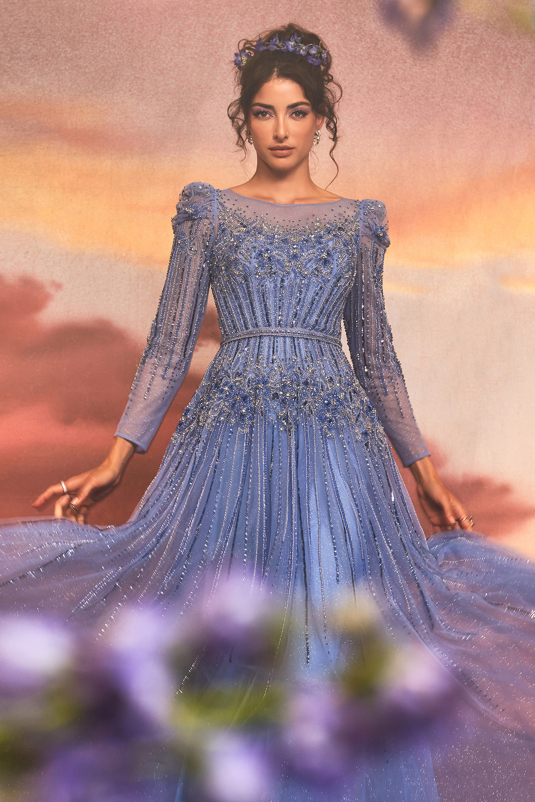 ANDREA & LEO A1167 Embellished Long Sleeve A Line Dress