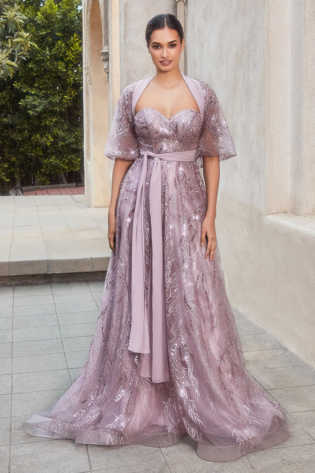 ANDREA & LEO A1174 Glitter Strapless with Shawl Tulle A Line Dress ANDREA & LEO A1174 Glitter Strapless with Shawl Tulle A Line Dress