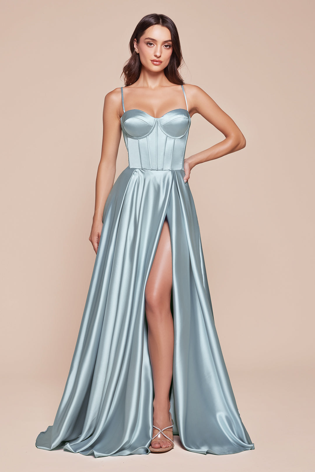 CINDERELLA DIVINE CD337 A-Line Satin Bustier Dress with Corset CINDERELLA DIVINE CD337 A-Line Satin Bustier Dress with Corset