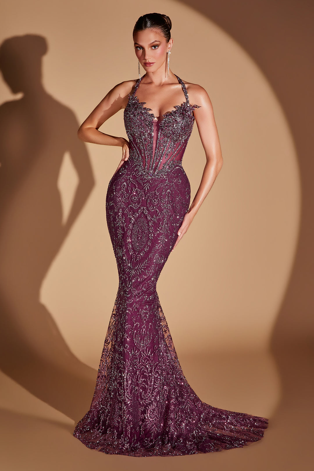Cinderella Divine CD695 Mermaid Evening Gown with Halter Neckline