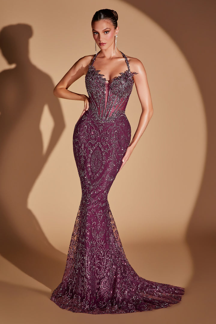 Cinderella Divine CD695 Mermaid Evening Gown with Halter Neckline