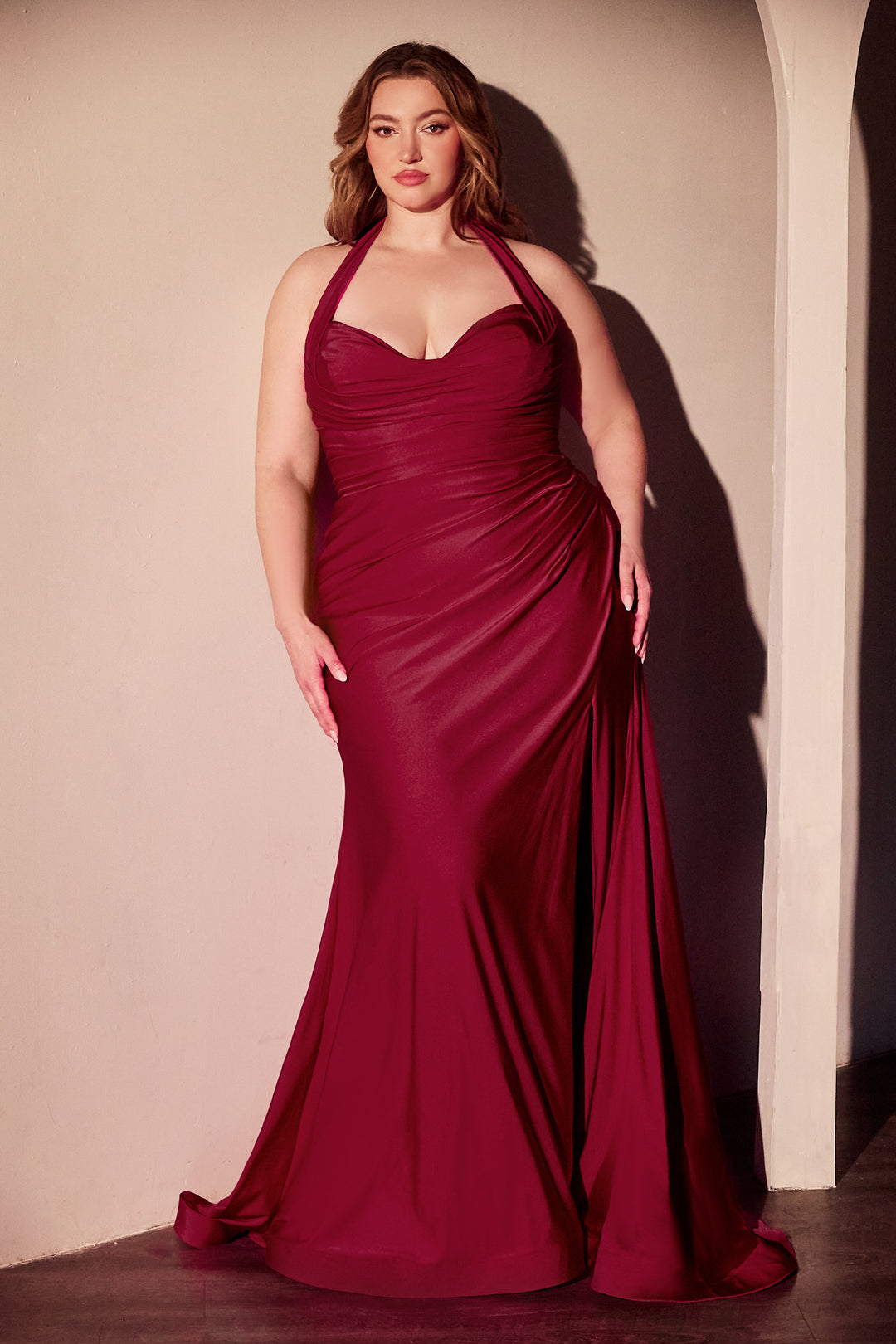 CINDERELLA DIVINE CD796C Halter Stretch Satin Fitted Dress