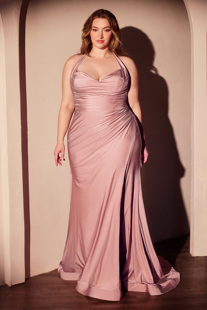 CINDERELLA DIVINE CD796C Halter Stretch Satin Fitted Dress