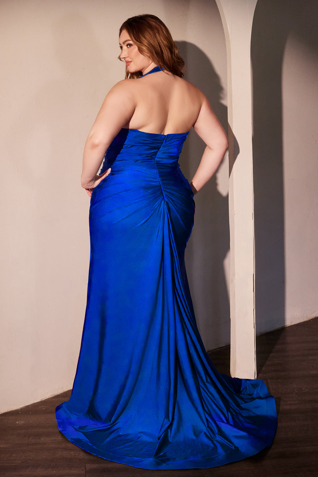 CINDERELLA DIVINE CD796C Halter Stretch Satin Fitted Dress