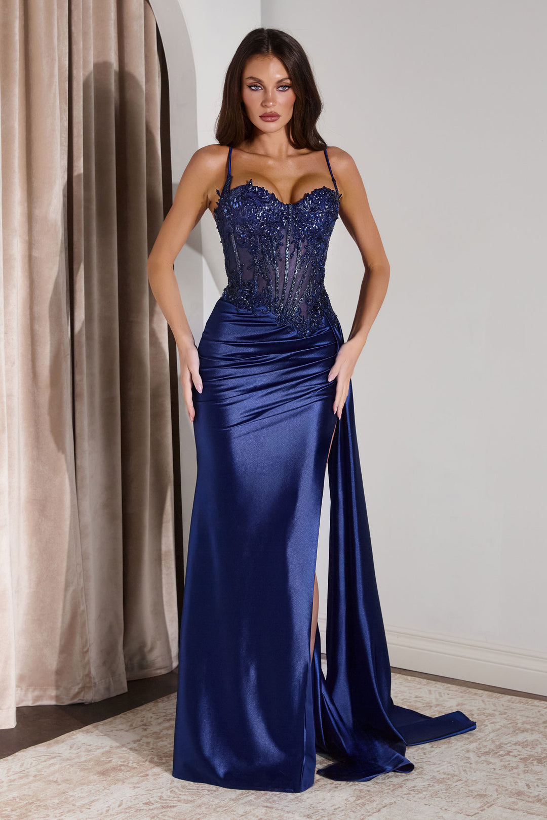 CINDERELLA DIVINE CD868 Fitted Lace & Satin Gown