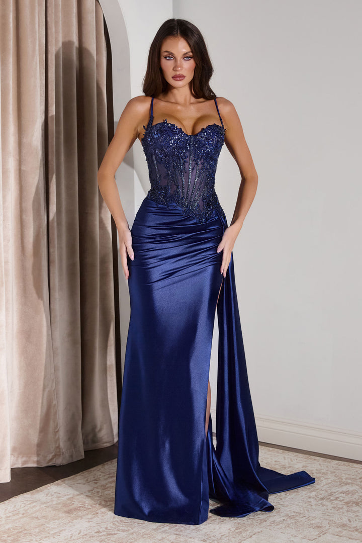 CINDERELLA DIVINE CD868 Fitted Lace & Satin Gown