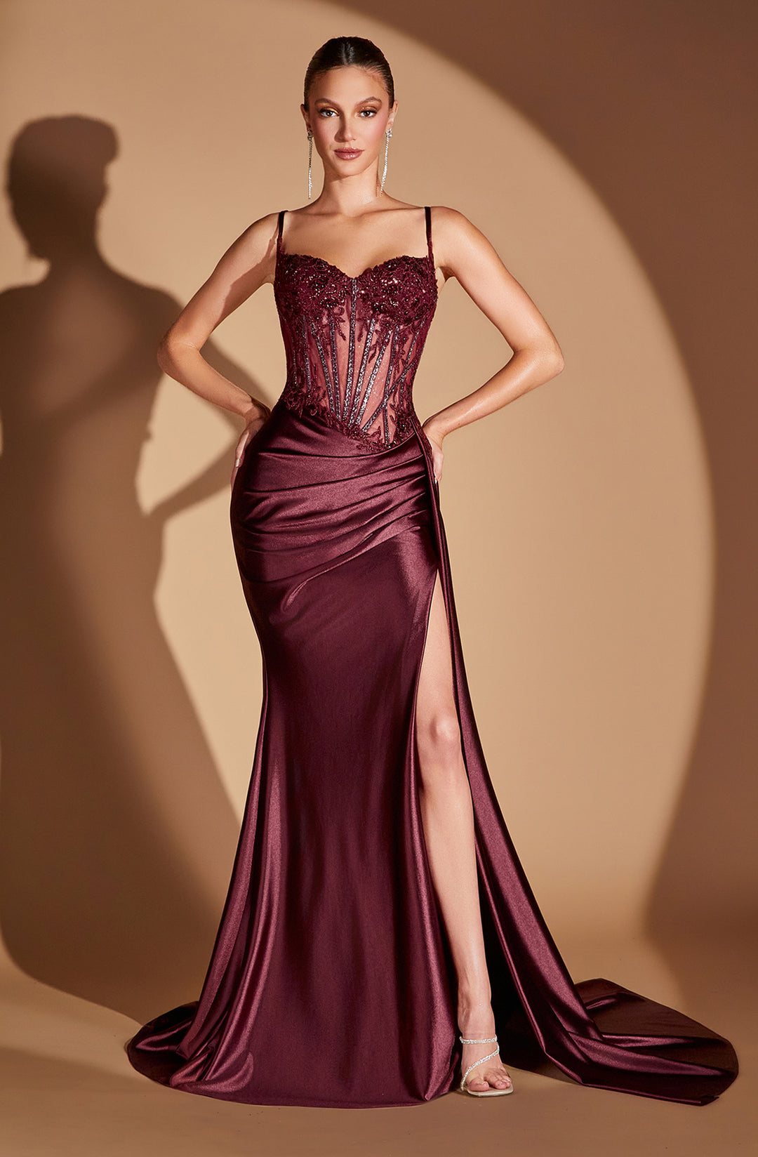 CINDERELLA DIVINE CD868 Fitted Lace & Satin Gown