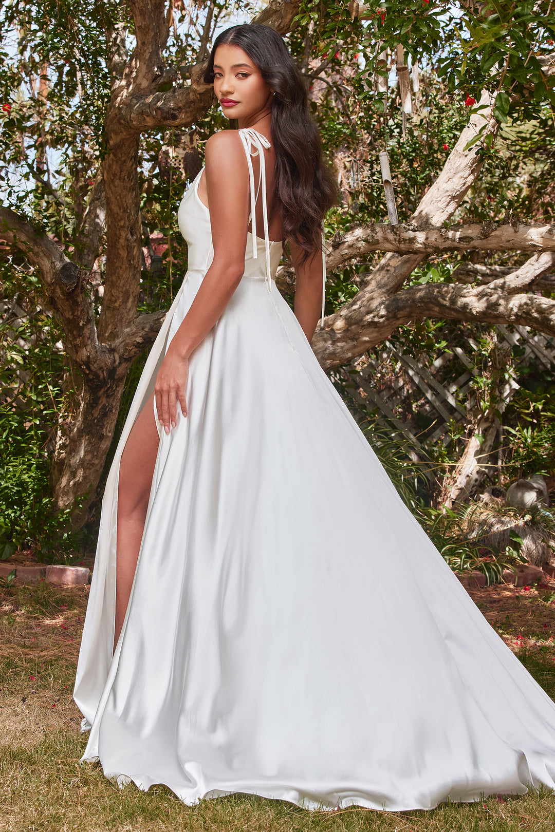 CINDERELLA DIVINE BD104W White Satin A-Line with Slit Dress The Gown Galleria CINDERELLA DIVINE BD104W White Satin A-Line with Slit Dress The Gown Galleria