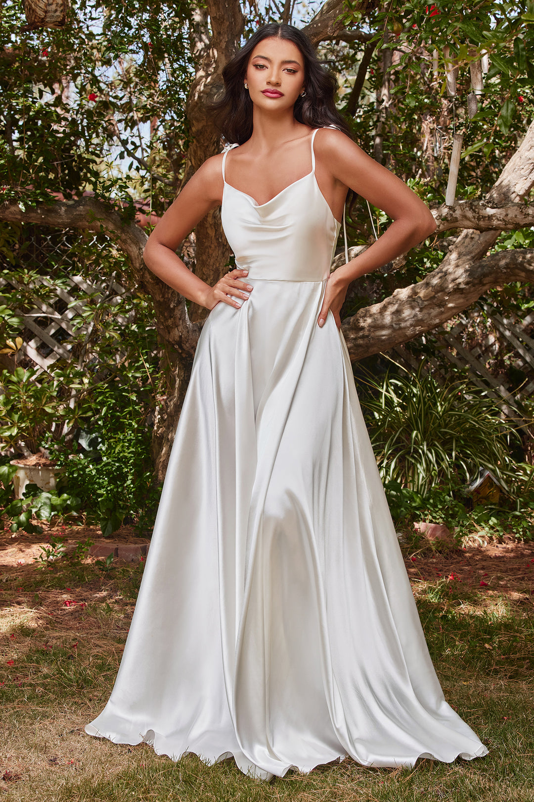 white silk slit dress White Off Shoulder Satin Corset Slit Gown by Ladivine 7492W