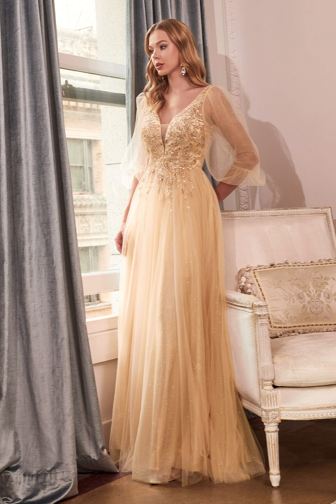 CINDERELLA DIVINE CD0182 Puff Sleeve Glitter Tulle A-Line Gown The Gown Galleria CINDERELLA DIVINE CD0182 Puff Sleeve Glitter Tulle A-Line Gown The Gown Galleria