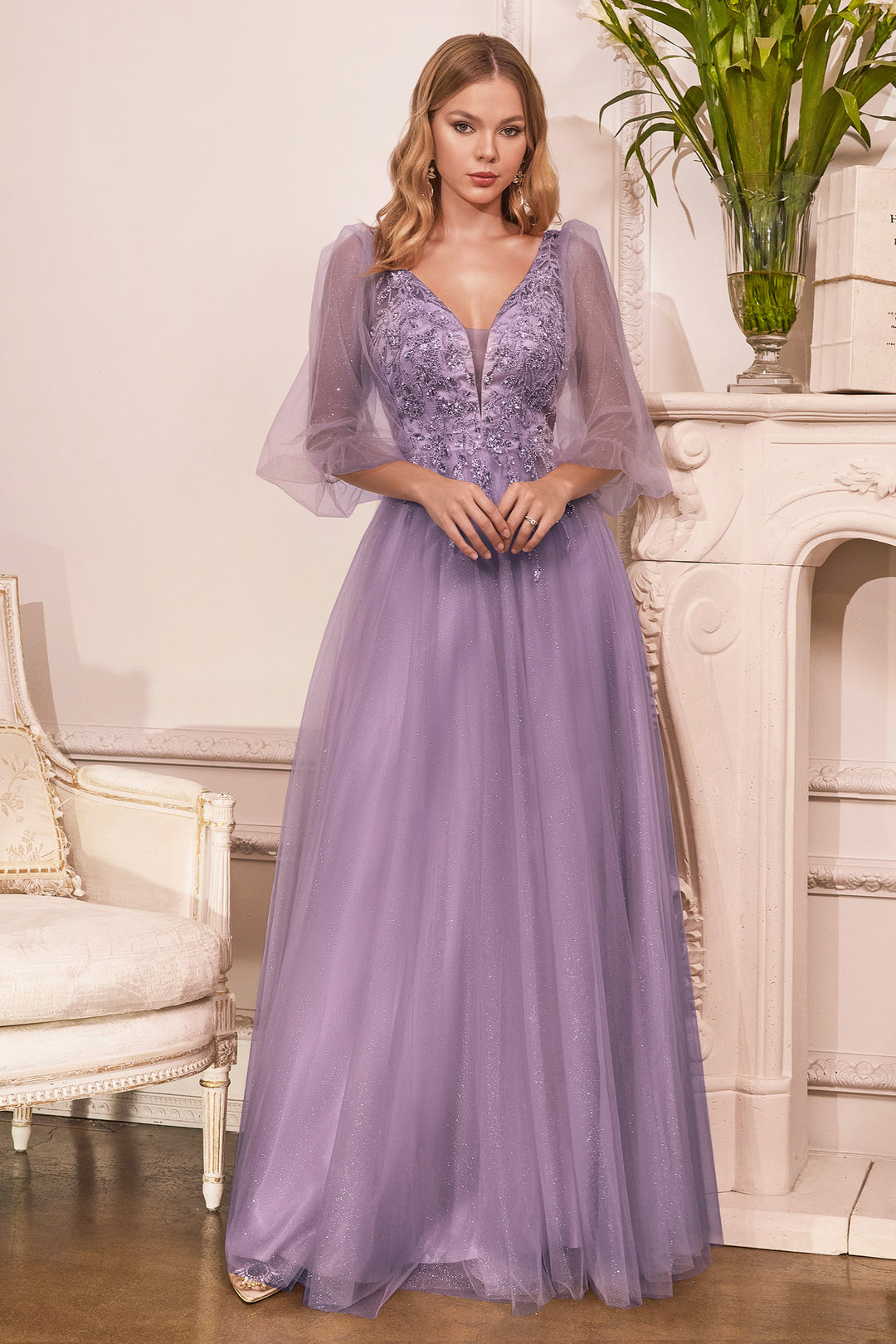 CINDERELLA DIVINE CD0182 Puff Sleeve Glitter Tulle A-Line Gown The Gown Galleria CINDERELLA DIVINE CD0182 Puff Sleeve Glitter Tulle A-Line Gown The Gown Galleria