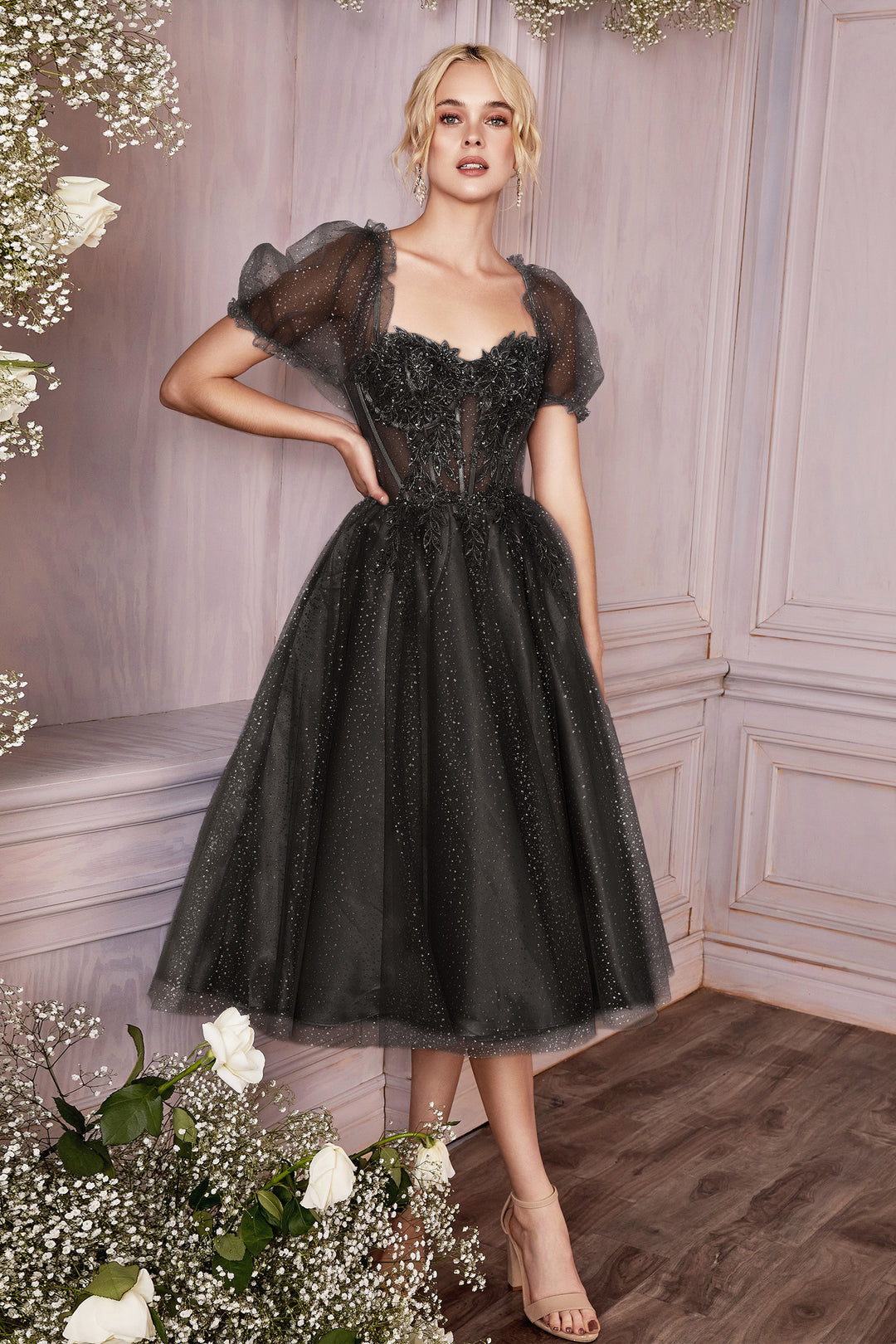 CINDERELLA DIVINE CD0187 A-Line Tea Length Dress CINDERELLA DIVINE CD0187 A-Line Tea Length Dress