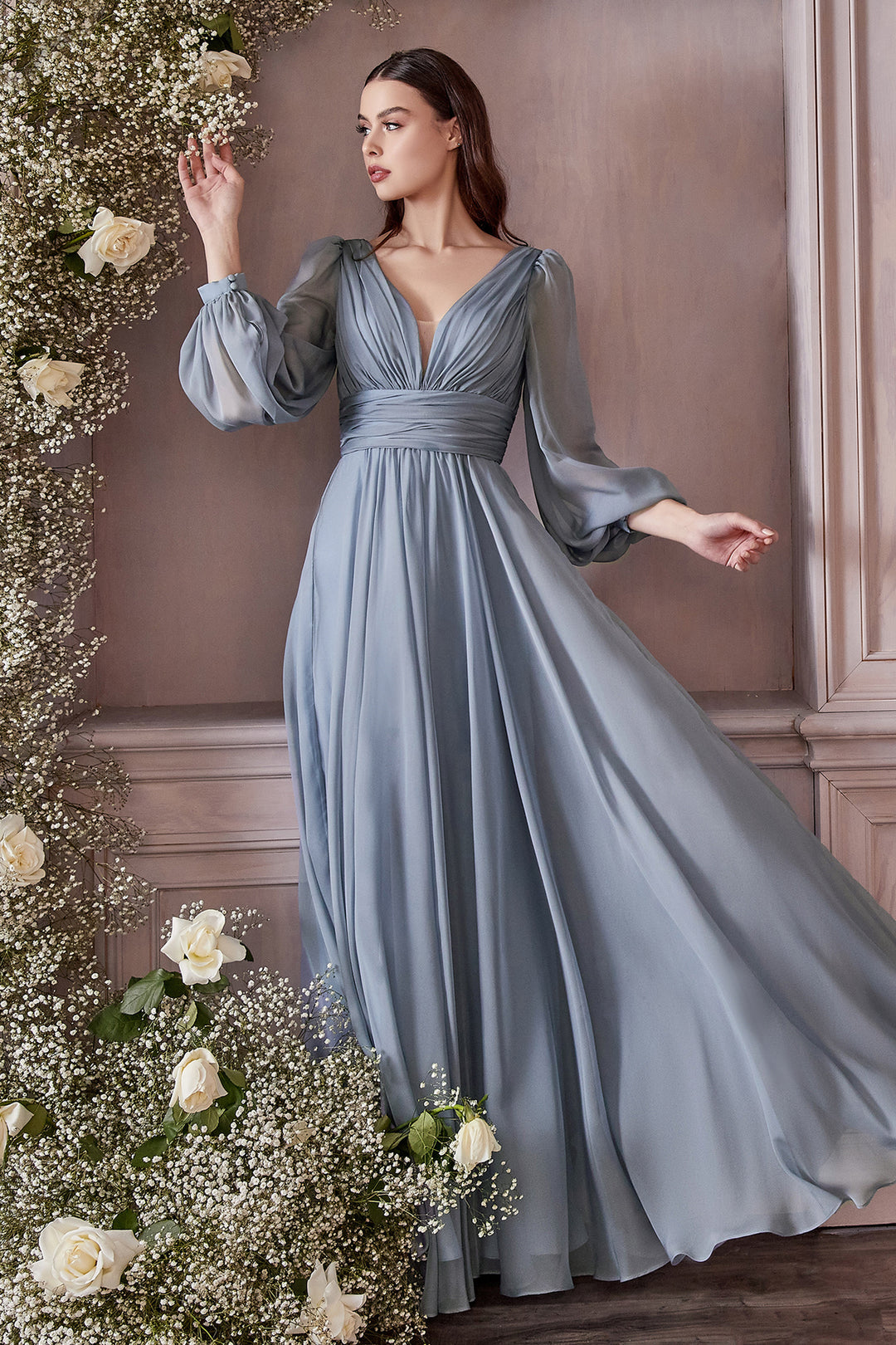 CINDERELLA DIVINE CD0192 Long Sleeve Chiffon Gown CINDERELLA DIVINE CD0192 Long Sleeve Chiffon Gown