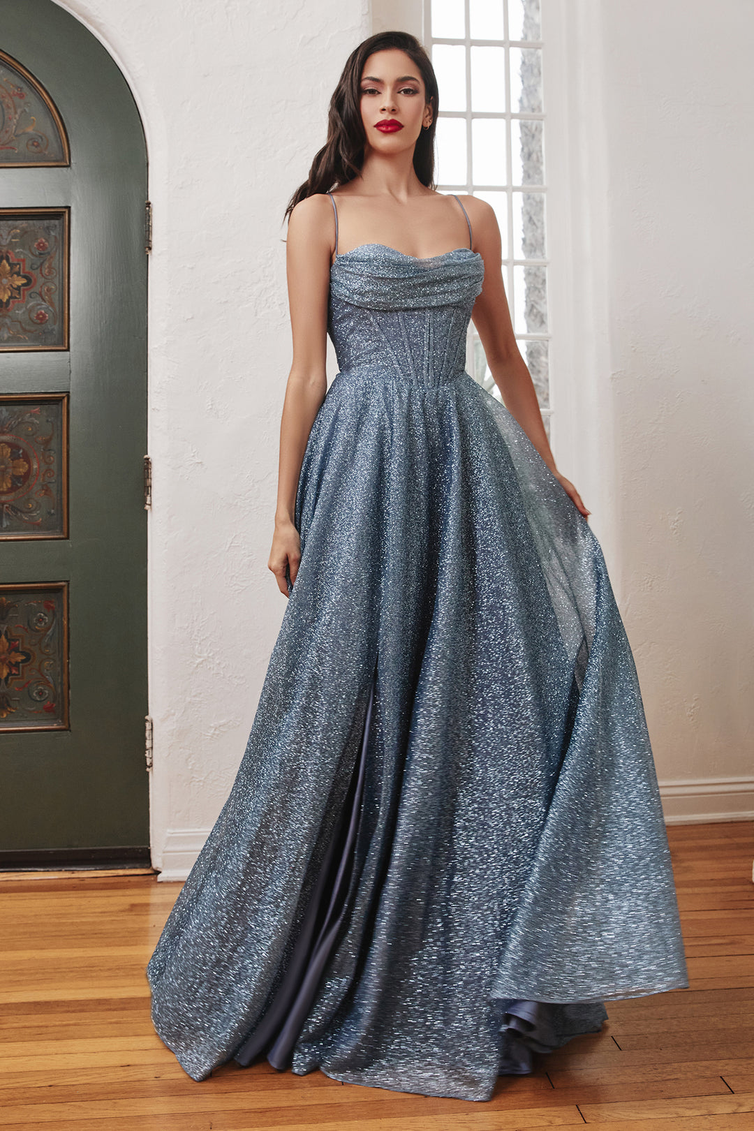 Cinderella Divine Smoky Blue Sequin Fitted Corset Prom Dress