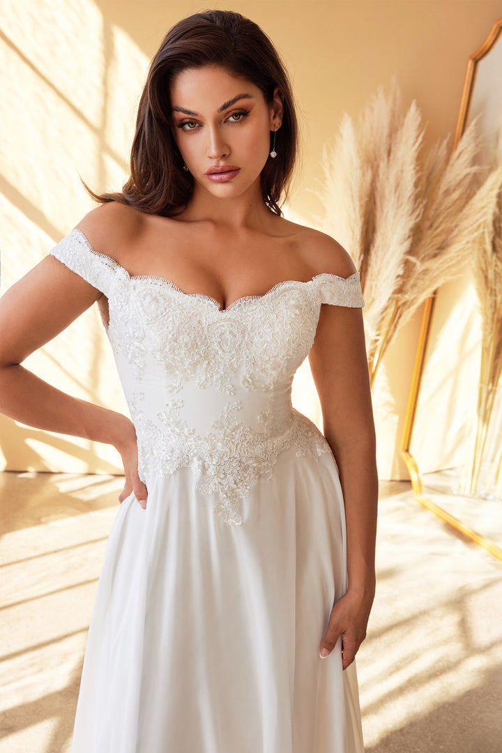 CINDERELLA DIVINE 7258W Off-Shoulder Lace A-Line Dress