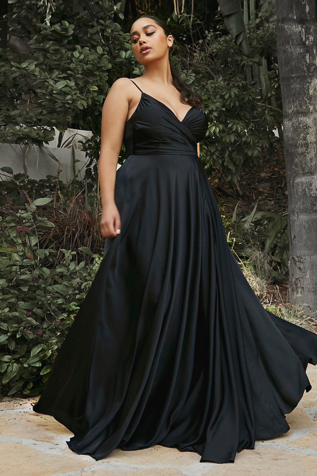CINDERELLA DIVINE 7485C Plus Size Long V Neck Satin A-Line Dress