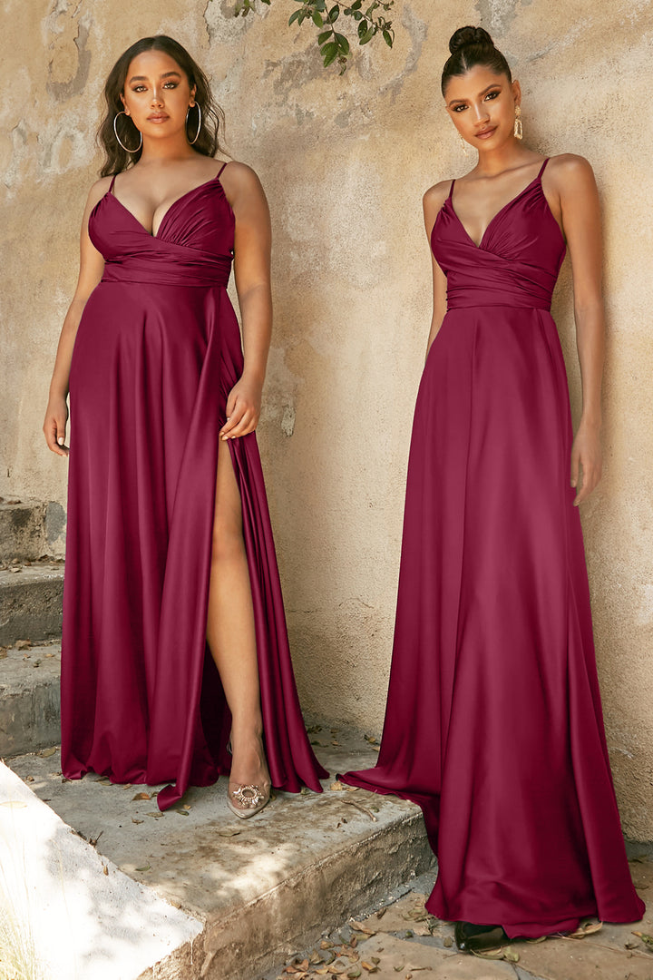 CINDERELLA DIVINE 7485C Plus Size Long V Neck Satin A-Line Dress