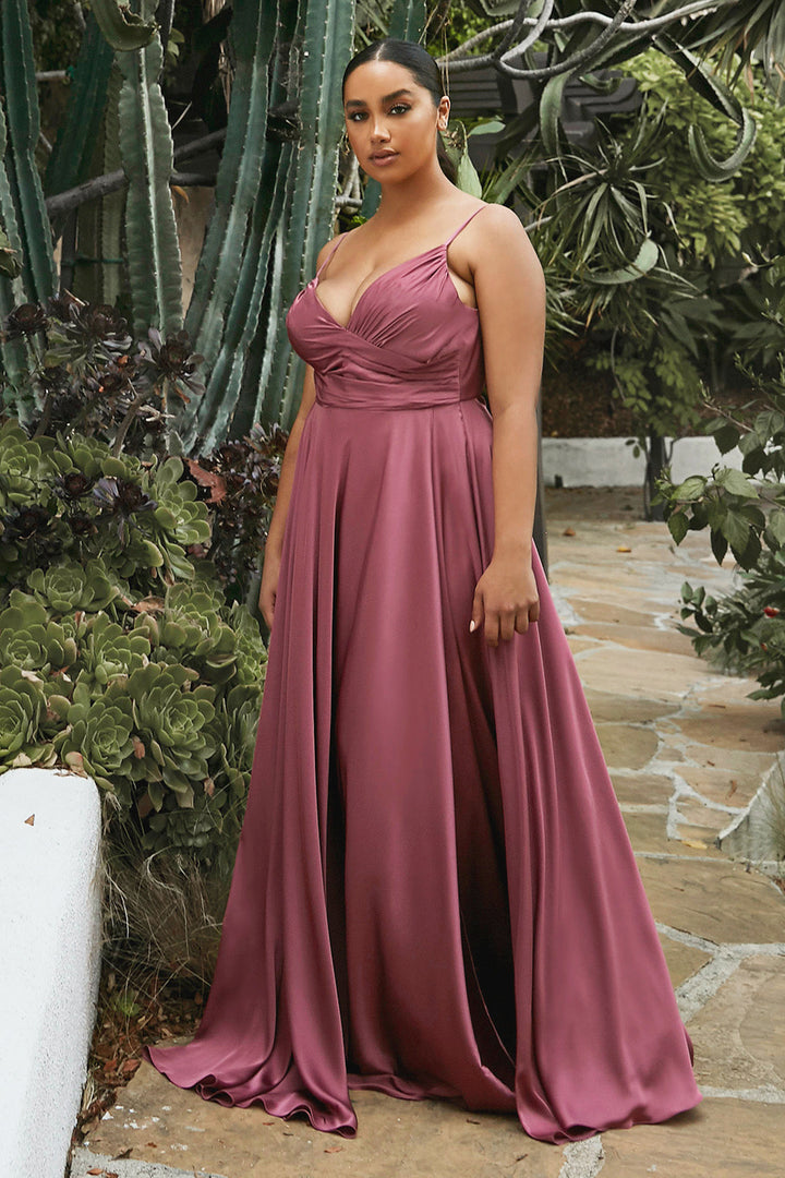 CINDERELLA DIVINE 7485C Plus Size Long V Neck Satin A-Line Dress