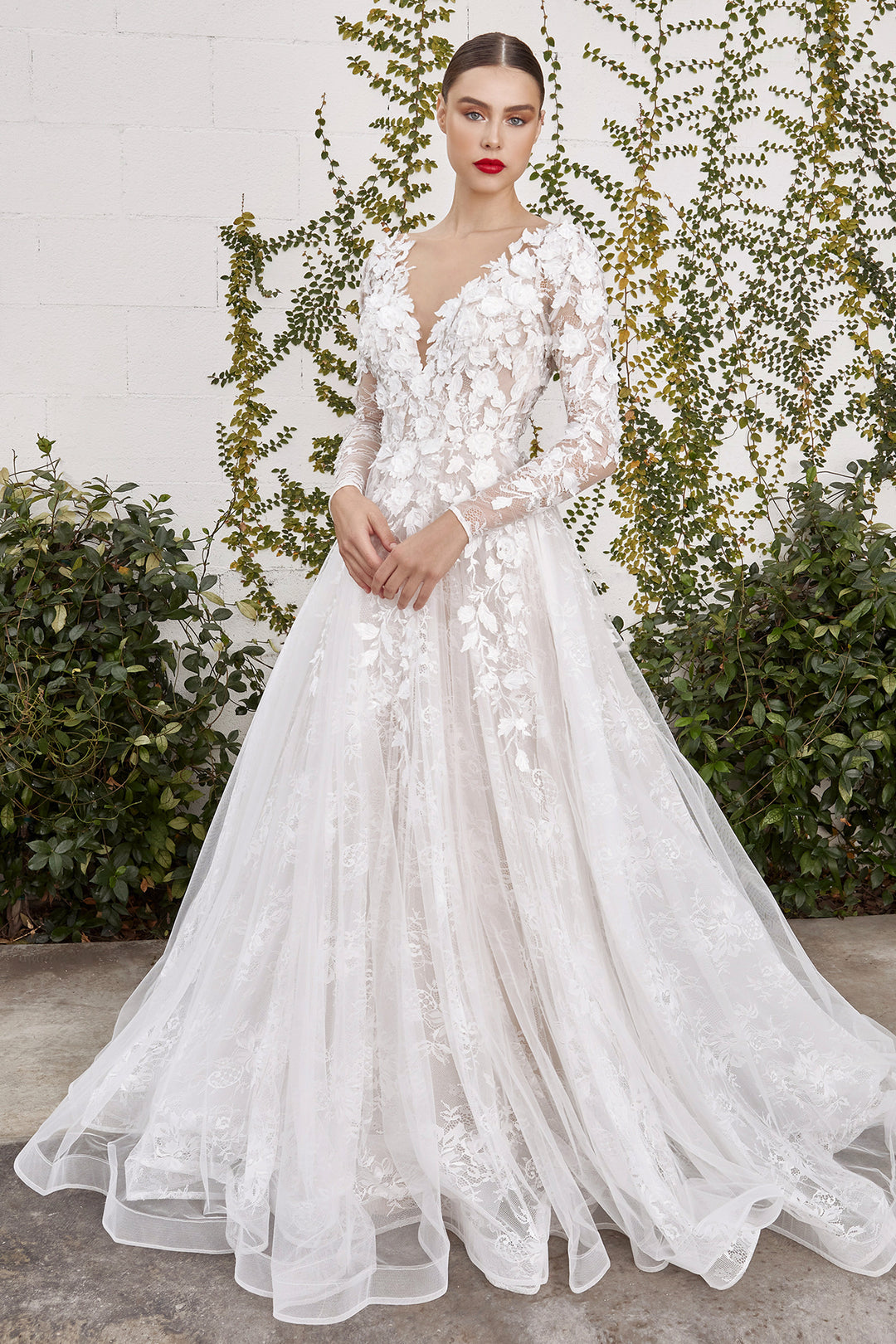 CINDERELLA DIVINE A1067W Yvaine 3D Floral Long Sleeve Bridal Gown CINDERELLA DIVINE A1067W Yvaine 3D Floral Long Sleeve Bridal Gown