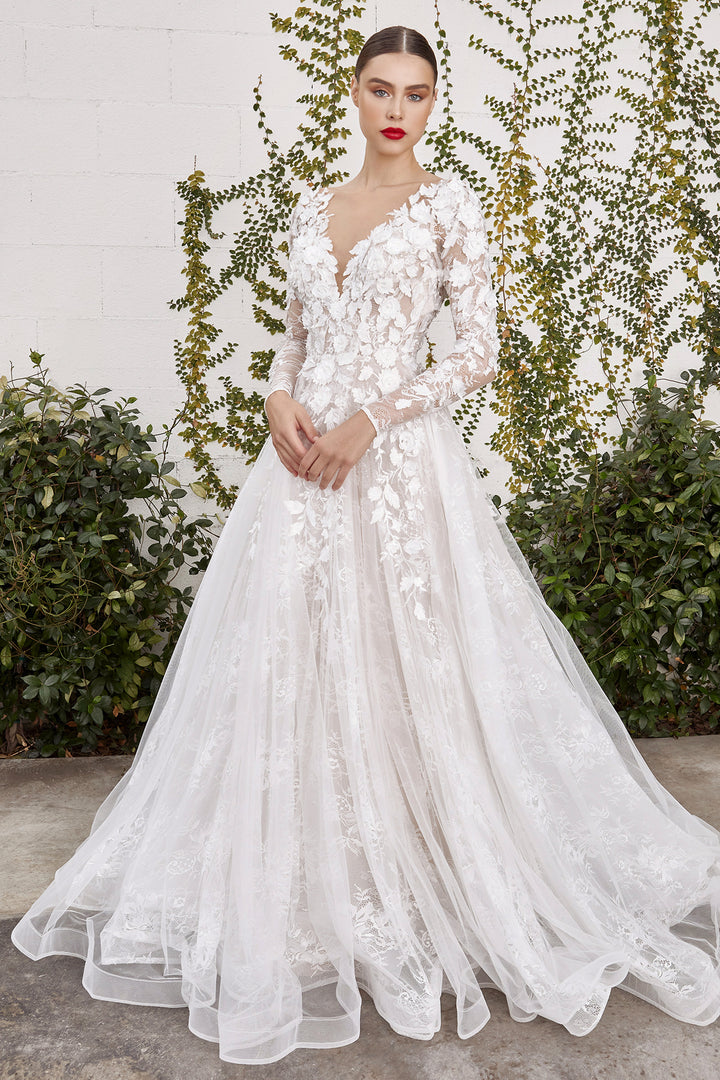 CINDERELLA DIVINE A1067W Yvaine 3D Floral Long Sleeve Bridal Gown The Gown Galleria CINDERELLA DIVINE A1067W Yvaine 3D Floral Long Sleeve Bridal Gown The Gown Galleria