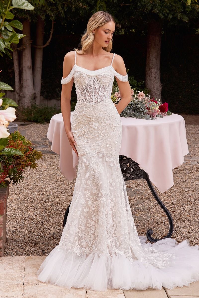CINDERELLA DIVINE CK703W Off The Shoulder Fitted Lace Bridal Gown CINDERELLA DIVINE CK703W Off The Shoulder Fitted Lace Bridal Gown