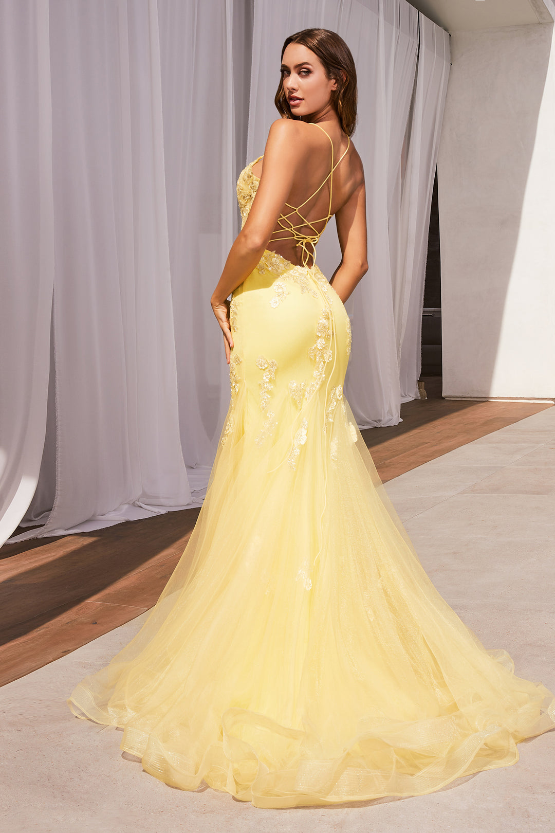 CINDERELLA DIVINE D145 Floral Sheer Mermaid Gown with Corset CINDERELLA DIVINE D145 Floral Sheer Mermaid Gown with Corset