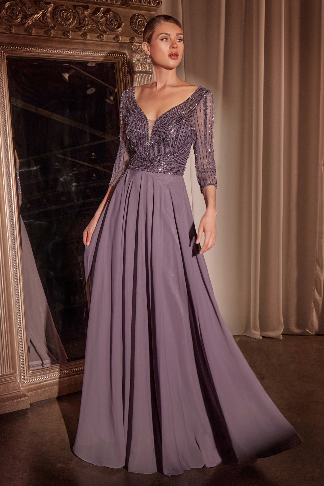 Cinderella Divine CC446 Evening Gown with Deep V-Neckline