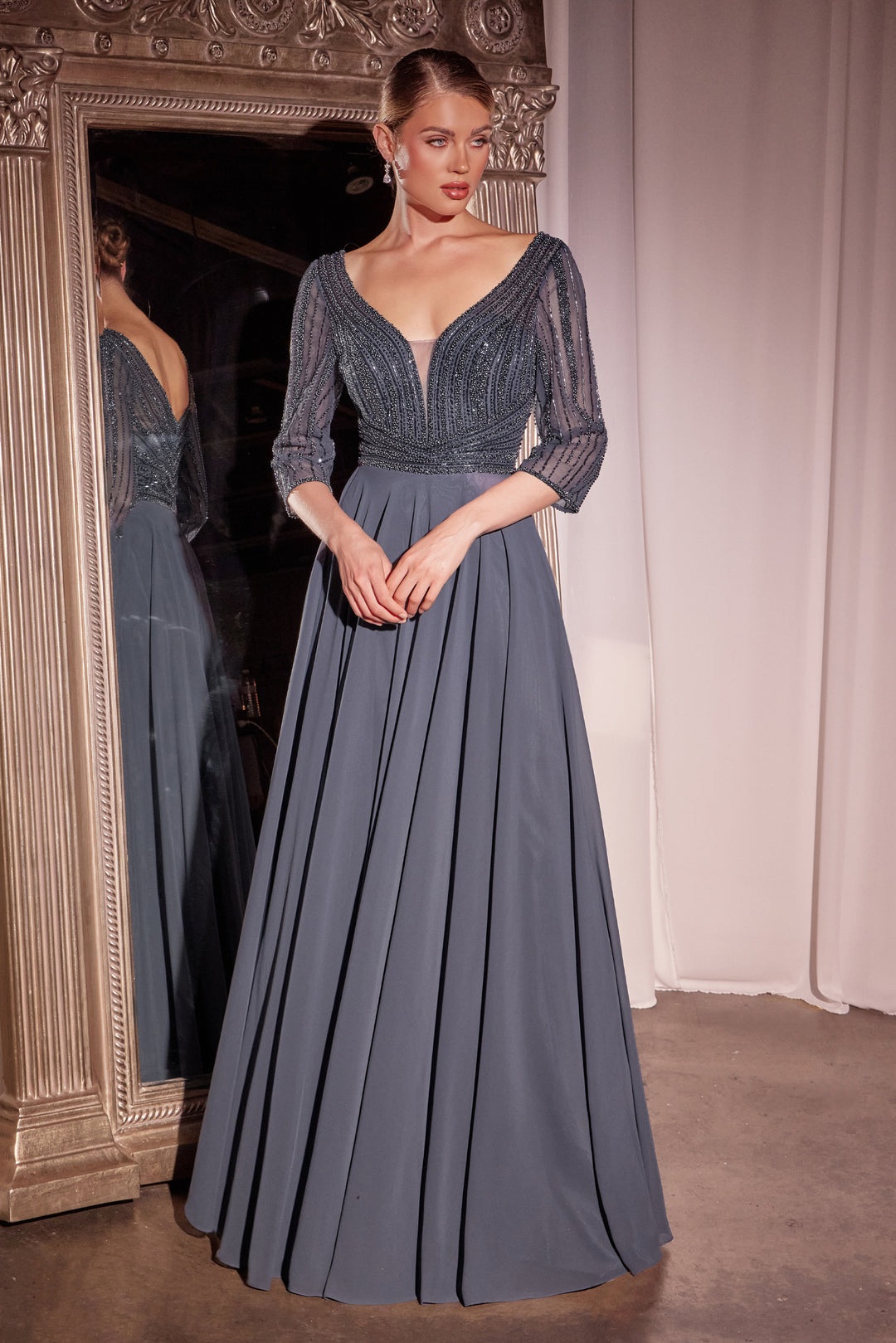Cinderella Divine CC446 Evening Gown with Deep V-Neckline