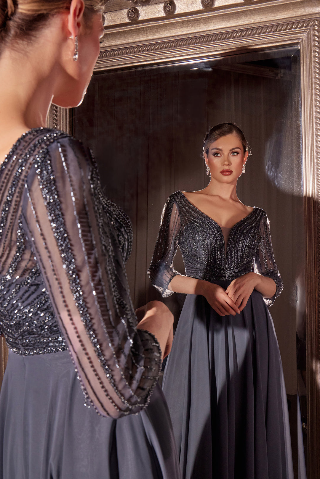 Cinderella Divine CC446 Evening Gown with Deep V-Neckline