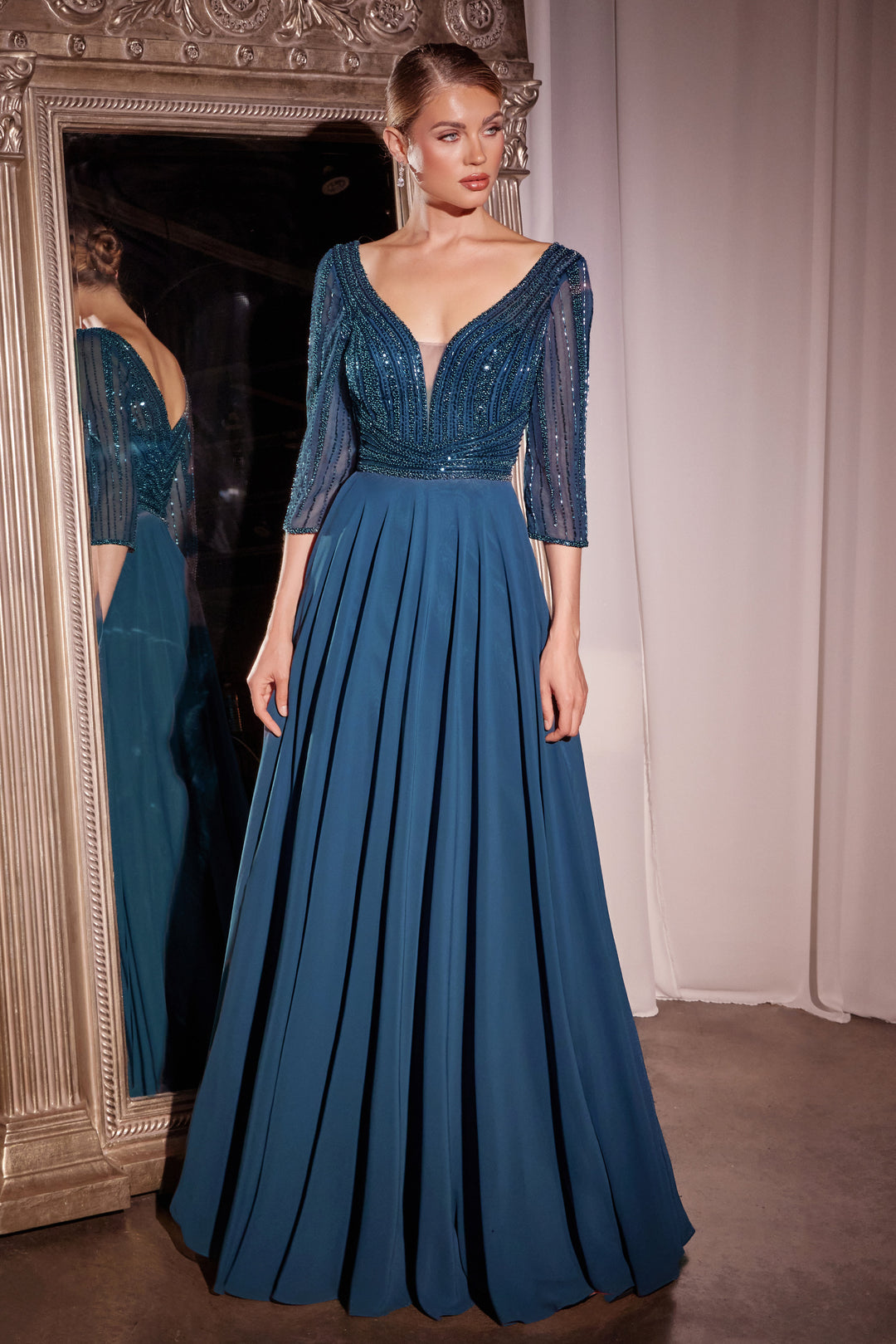 Cinderella Divine CC446 Evening Gown with Deep V-Neckline